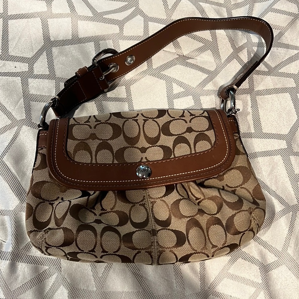 Tan and brown small coach shoulder bag